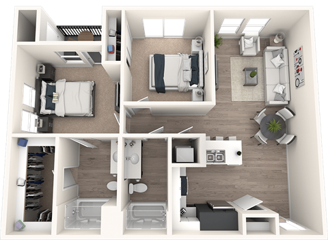 A 3D floor plan of a small apartment with two bedrooms, a living room, and a kitchen.